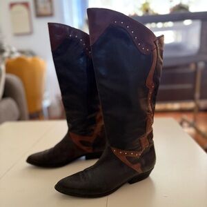 THUNDER Vintage 80s Patchwork Leather Black Brown Boots Western Cowgirl Studded